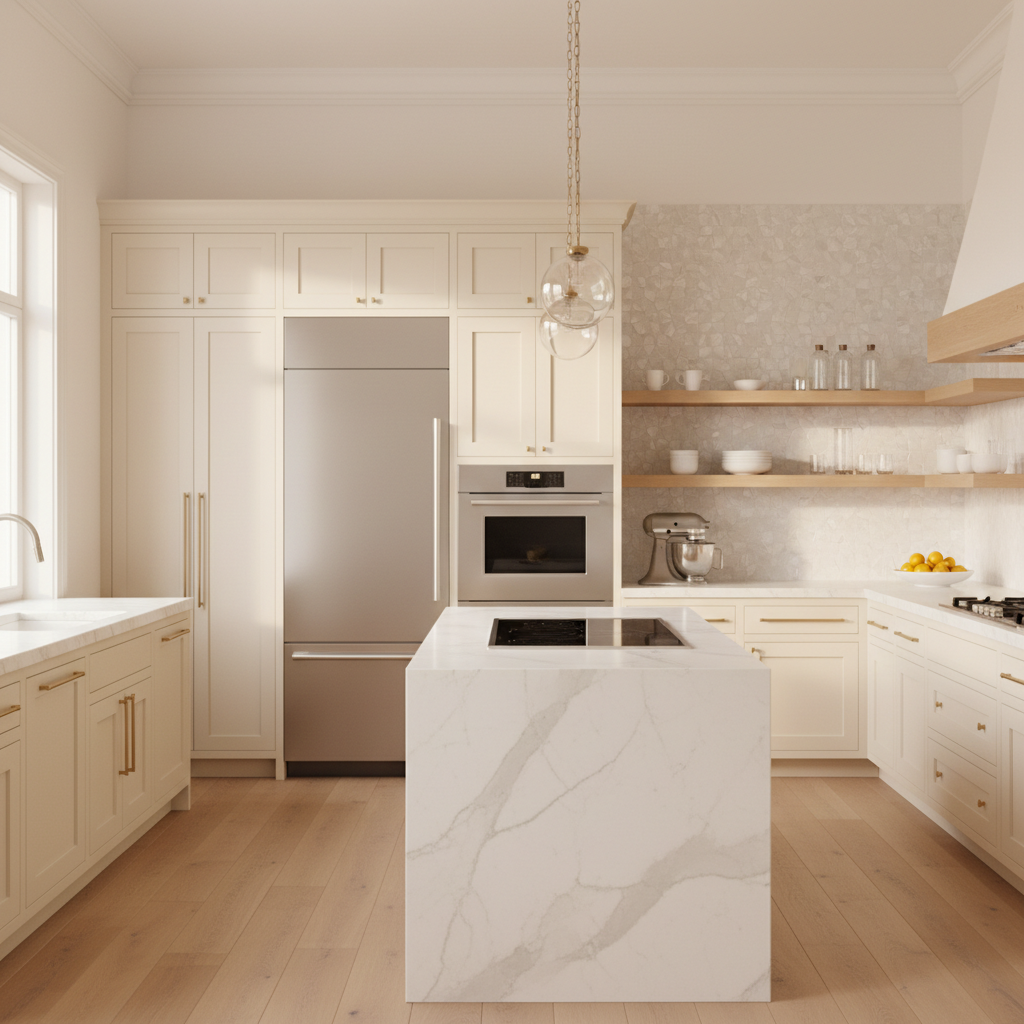 Upscale kitchen interior with integrated refrigerator and wall oven