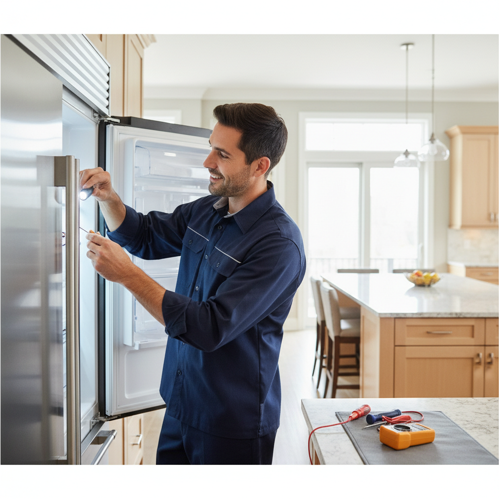 Professional appliance repair technician inspecting a built-in refrigerator